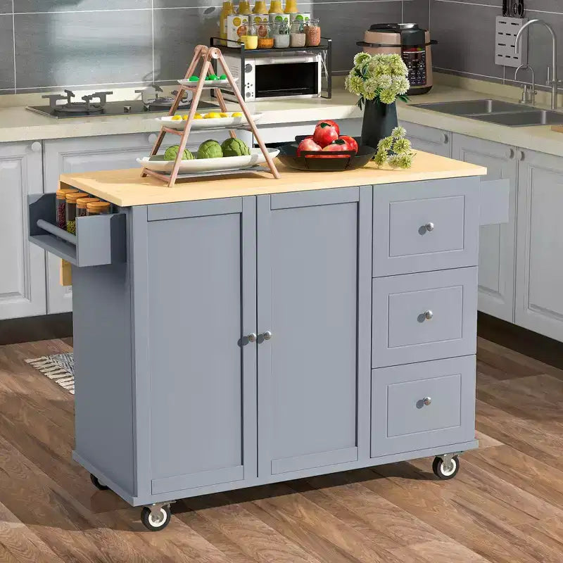 Carrello da Cucina Okak con Piano in Legno e Ruote Bloccabili, Isola da Cucina con Ribalta, Portaspezie e Portasciugamani, Organizer da Banco per la Cucina