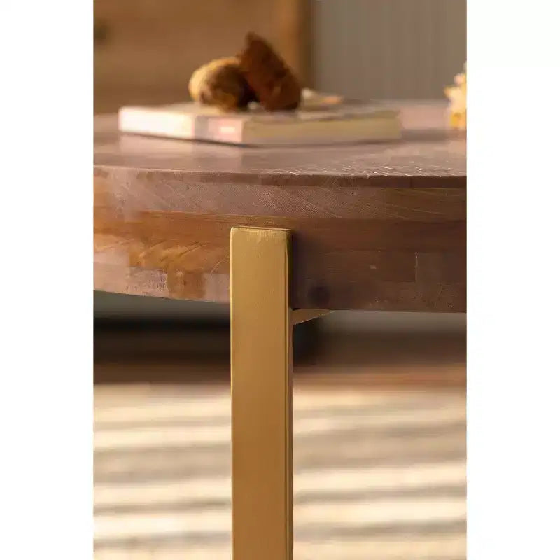 Tavolino da caffè rotondo moderno, con un design in metallo e legno, adatto per casa, ufficio e per arredare.