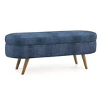 Panca portaoggetti ovale imbottita Homy Casa con coperchio sollevabile, ottomana in tessuto blu con gambe in legno