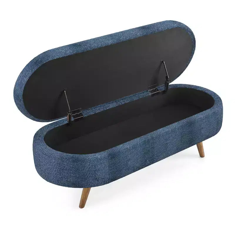 Panca portaoggetti ovale imbottita Homy Casa con coperchio sollevabile, ottomana in tessuto blu con gambe in legno