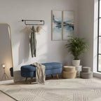 Panca portaoggetti ovale imbottita Homy Casa con coperchio sollevabile, ottomana in tessuto blu con gambe in legno