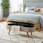 Panca portaoggetti ovale imbottita Homy Casa con coperchio sollevabile, ottomana in tessuto blu con gambe in legno