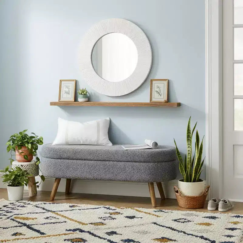 Panca portaoggetti ovale imbottita Homy Casa con coperchio sollevabile, ottomana in tessuto blu con gambe in legno