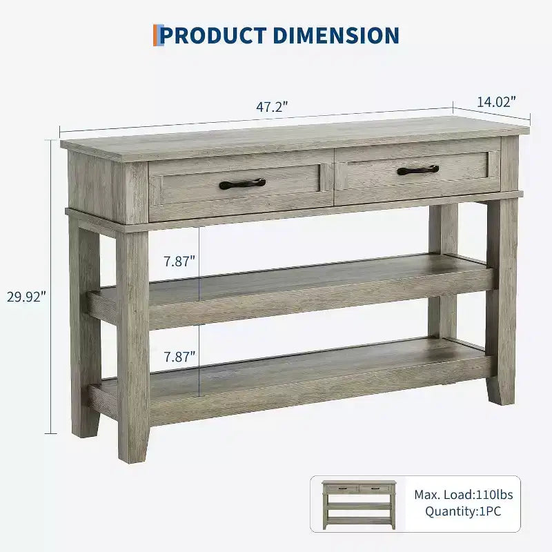 Tavolino da Consolle a 3 Livelli, Tavolo da Ingresso Retrò da 47" con 2 Cassetti Contenitori, Tavolino da Divano Stretto in Legno con Ripiano Aperto per Soggiorno, Ingresso, Corridoio