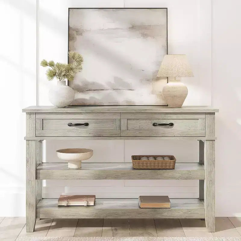 Tavolino da Consolle a 3 Livelli, Tavolo da Ingresso Retrò da 47" con 2 Cassetti Contenitori, Tavolino da Divano Stretto in Legno con Ripiano Aperto per Soggiorno, Ingresso, Corridoio