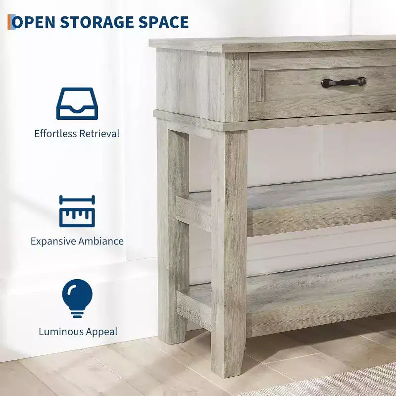 Tavolino da Consolle a 3 Livelli, Tavolo da Ingresso Retrò da 47" con 2 Cassetti Contenitori, Tavolino da Divano Stretto in Legno con Ripiano Aperto per Soggiorno, Ingresso, Corridoio