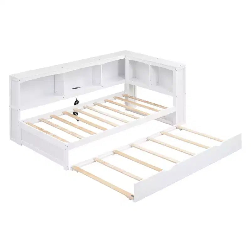 Divano letto singolo in legno con letto estraibile e armadietto, struttura letto a terra con mensole a libreria a L e porte USB per la camera da letto