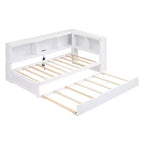 Divano letto singolo in legno con letto estraibile e armadietto, struttura letto a terra con mensole a libreria a L e porte USB per la camera da letto