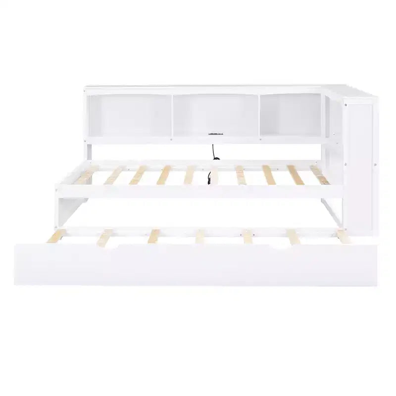 Divano letto singolo in legno con letto estraibile e armadietto, struttura letto a terra con mensole a libreria a L e porte USB per la camera da letto