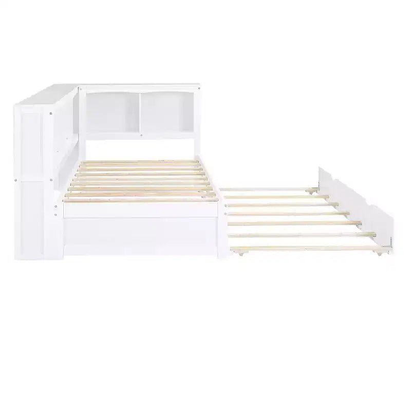 Divano letto singolo in legno con letto estraibile e armadietto, struttura letto a terra con mensole a libreria a L e porte USB per la camera da letto