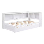 Divano letto singolo in legno con letto estraibile e armadietto, struttura letto a terra con mensole a libreria a L e porte USB per la camera da letto