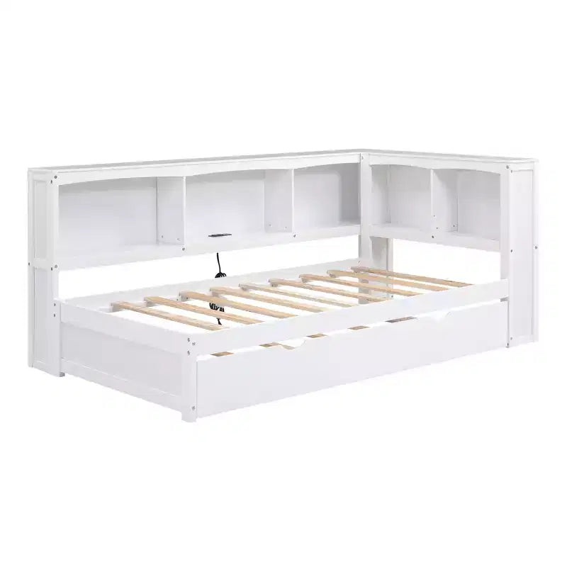 Divano letto singolo in legno con letto estraibile e armadietto, struttura letto a terra con mensole a libreria a L e porte USB per la camera da letto