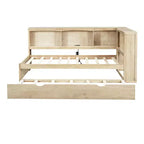 Divano letto singolo in legno con letto estraibile e armadietto, struttura letto a terra con mensole a libreria a L e porte USB per la camera da letto