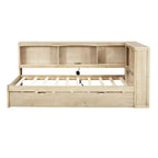 Divano letto singolo in legno con letto estraibile e armadietto, struttura letto a terra con mensole a libreria a L e porte USB per la camera da letto