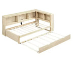 Divano letto singolo in legno con letto estraibile e armadietto, struttura letto a terra con mensole a libreria a L e porte USB per la camera da letto