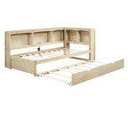Divano letto singolo in legno con letto estraibile e armadietto, struttura letto a terra con mensole a libreria a L e porte USB per la camera da letto