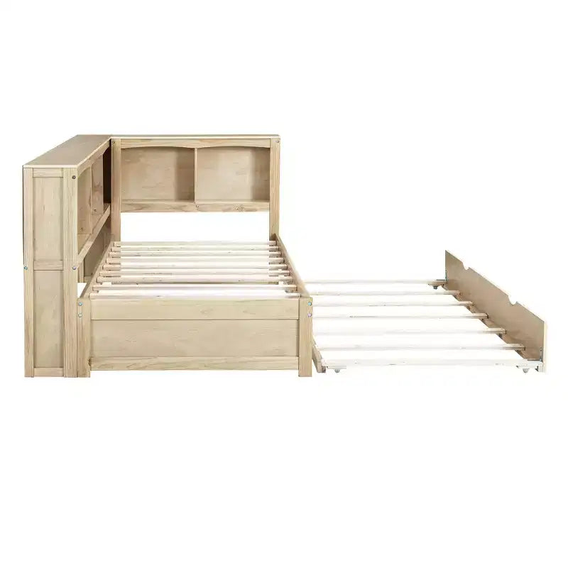 Divano letto singolo in legno con letto estraibile e armadietto, struttura letto a terra con mensole a libreria a L e porte USB per la camera da letto