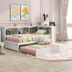 Divano letto singolo in legno con letto estraibile e armadietto, struttura letto a terra con mensole a libreria a L e porte USB per la camera da letto