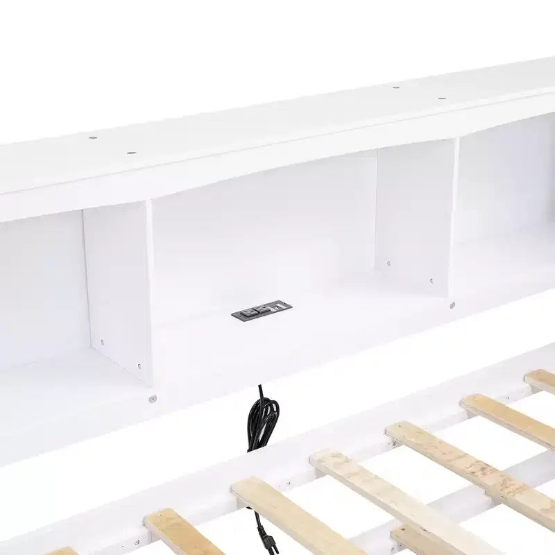 Divano letto singolo in legno con letto estraibile e armadietto, struttura letto a terra con mensole a libreria a L e porte USB per la camera da letto