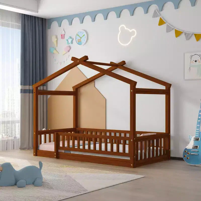 Struttura letto in legno per materasso singolo/una piazza e mezza, lettino a forma di casetta con recinzione per bambini/e, ragazzi/e