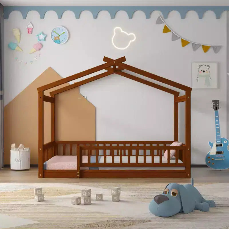 Struttura letto in legno per materasso singolo/una piazza e mezza, lettino a forma di casetta con recinzione per bambini/e, ragazzi/e