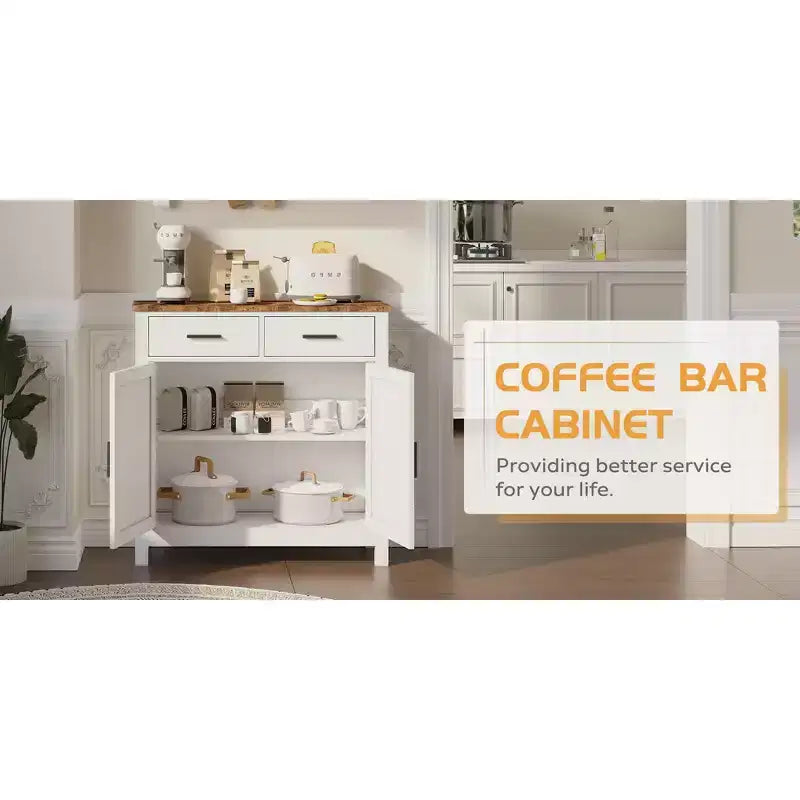 Una credenza da cucina in stile rustico moderno con due cassetti e due ante per riporre gli oggetti; può anche fungere da mobile bar indipendente.