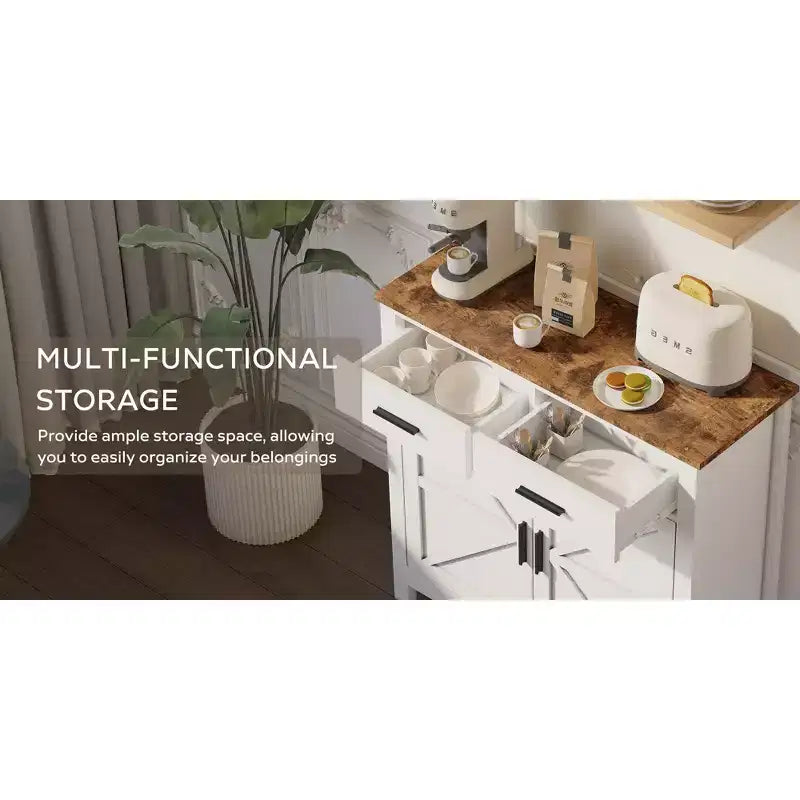 Una credenza da cucina in stile rustico moderno con due cassetti e due ante per riporre gli oggetti; può anche fungere da mobile bar indipendente.