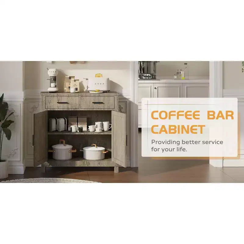 Una credenza da cucina in stile rustico moderno con due cassetti e due ante per riporre gli oggetti; può anche fungere da mobile bar indipendente.