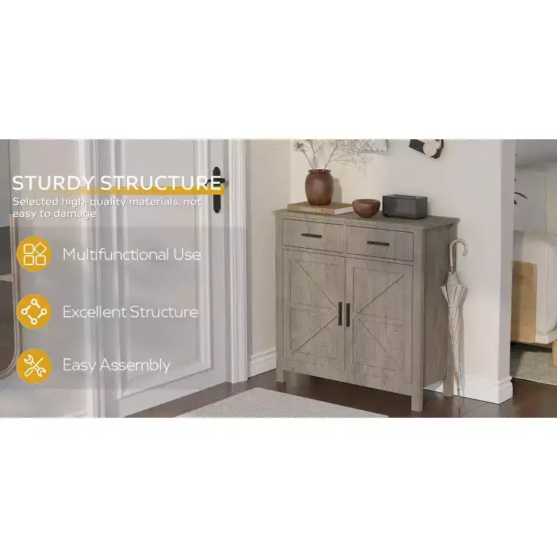 Una credenza da cucina in stile rustico moderno con due cassetti e due ante per riporre gli oggetti; può anche fungere da mobile bar indipendente.
