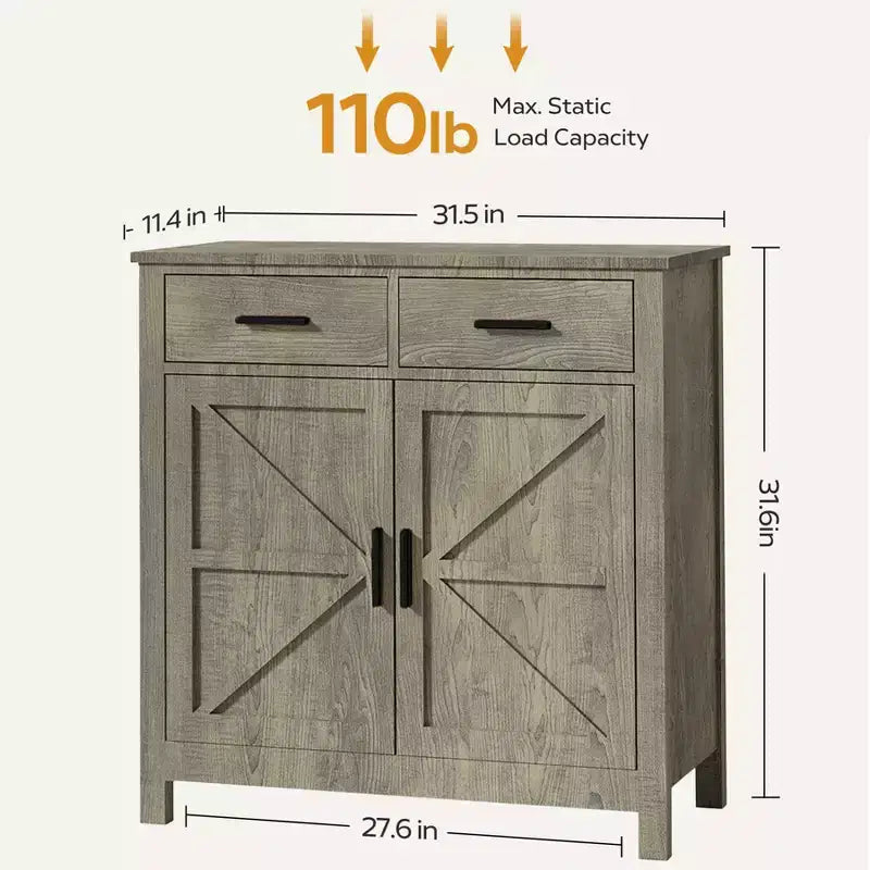 Una credenza da cucina in stile rustico moderno con due cassetti e due ante per riporre gli oggetti; può anche fungere da mobile bar indipendente.
