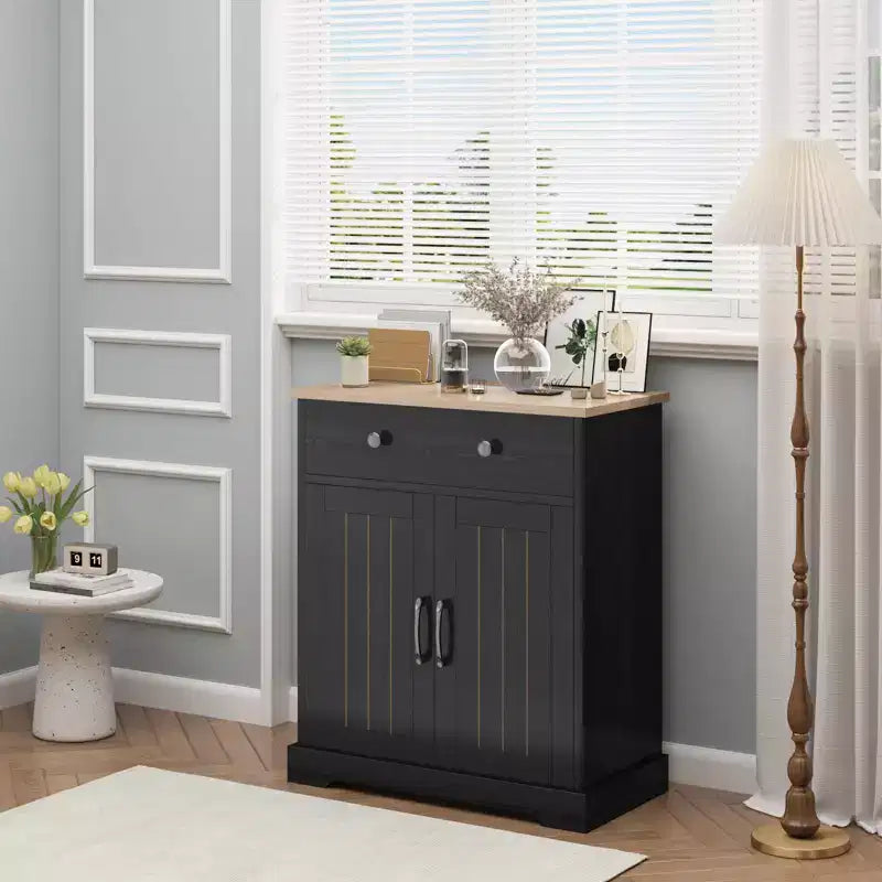 Mobile dispensa nero moderno con 2 ante e cassetto, mobiletto contenitore con ripiano regolabile, credenza da bar in legno per soggiorno