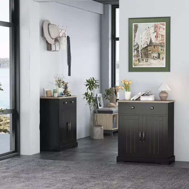 Mobile dispensa nero moderno con 2 ante e cassetto, mobiletto contenitore con ripiano regolabile, credenza da bar in legno per soggiorno
