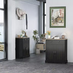 Mobile dispensa nero moderno con 2 ante e cassetto, mobiletto contenitore con ripiano regolabile, credenza da bar in legno per soggiorno