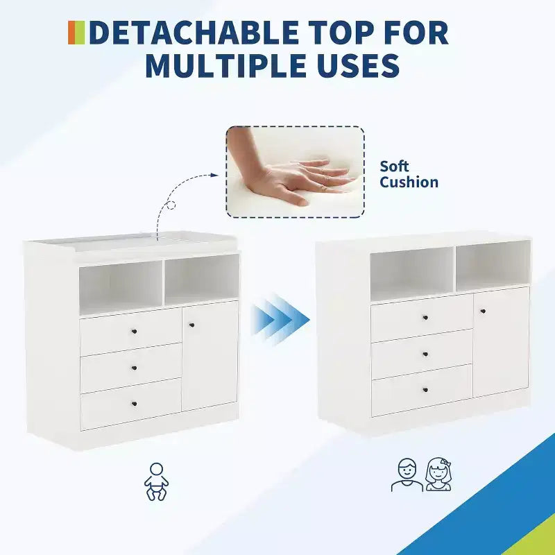 Comò fasciatoio per neonati 3 in 1, cassettiera per cameretta in legno con 3 cassetti e armadietto per vestiti e pannolini