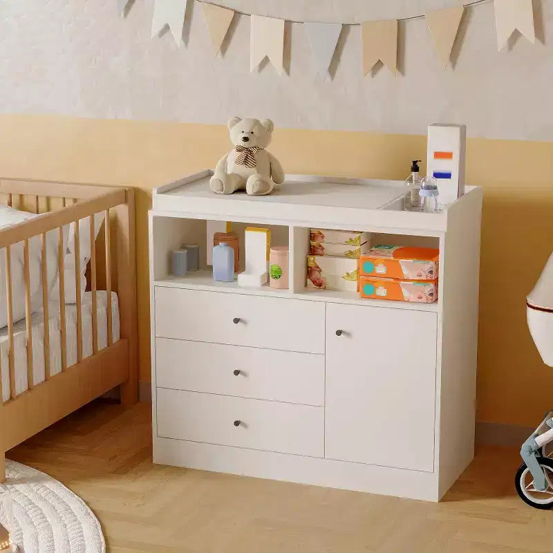 Comò fasciatoio per neonati 3 in 1, cassettiera per cameretta in legno con 3 cassetti e armadietto per vestiti e pannolini