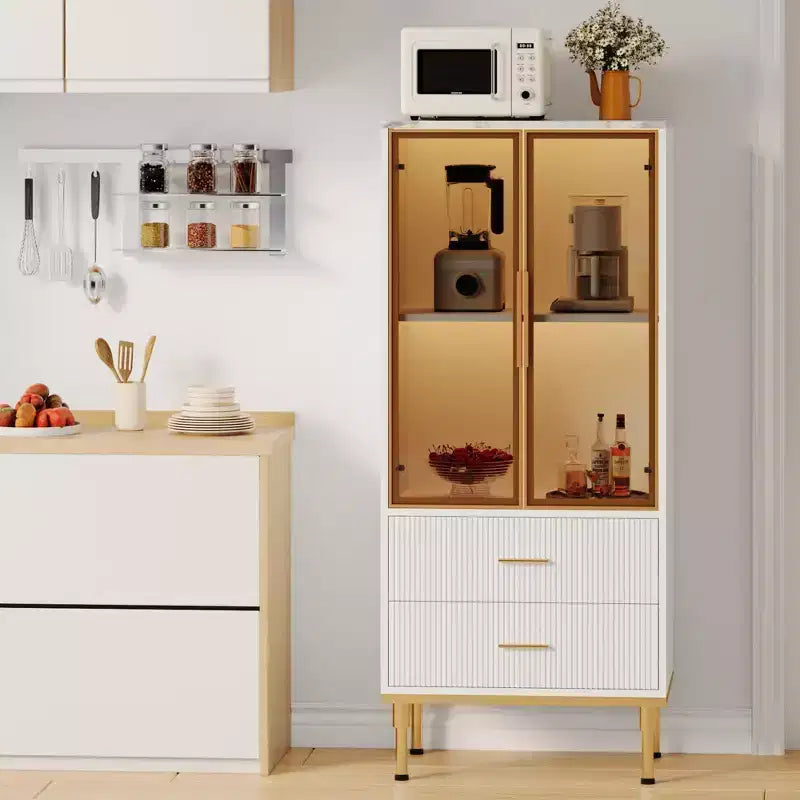 GustoWave Dispensa Autoportante con Ante in Vetro e Cassetti - Mobile Contenitore Moderno da Cucina con Dettagli Dorati per Sala da Pranzo, Ufficio