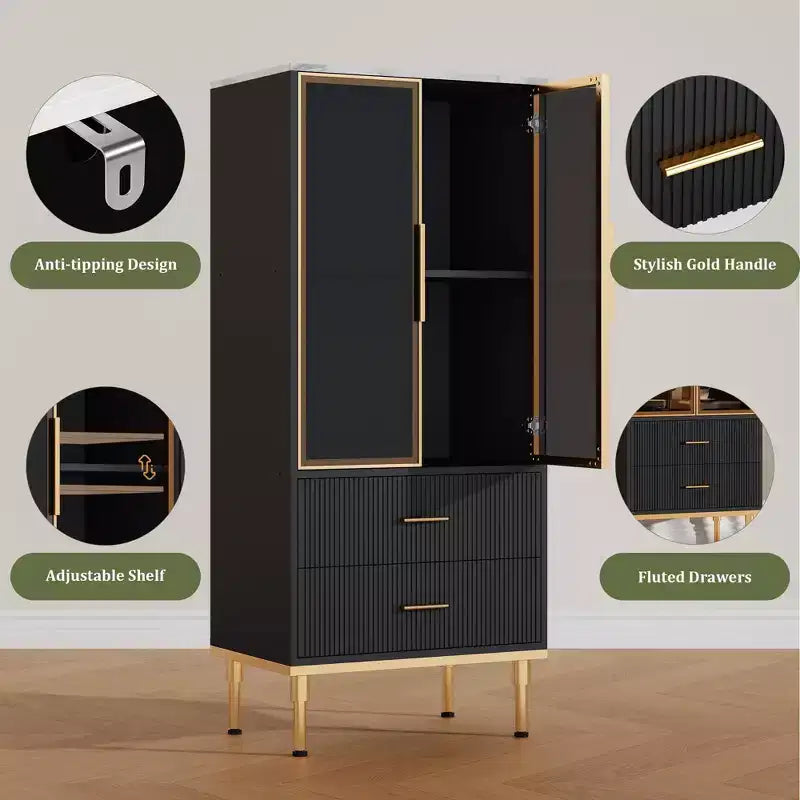 GustoWave Dispensa Autoportante con Ante in Vetro e Cassetti - Mobile Contenitore Moderno da Cucina con Dettagli Dorati per Sala da Pranzo, Ufficio