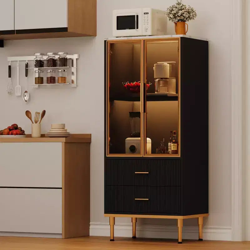 GustoWave Dispensa Autoportante con Ante in Vetro e Cassetti - Mobile Contenitore Moderno da Cucina con Dettagli Dorati per Sala da Pranzo, Ufficio