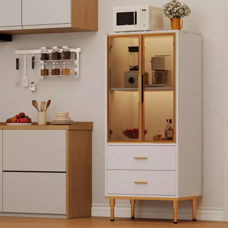 GustoWave Dispensa Autoportante con Ante in Vetro e Cassetti - Mobile Contenitore Moderno da Cucina con Dettagli Dorati per Sala da Pranzo, Ufficio