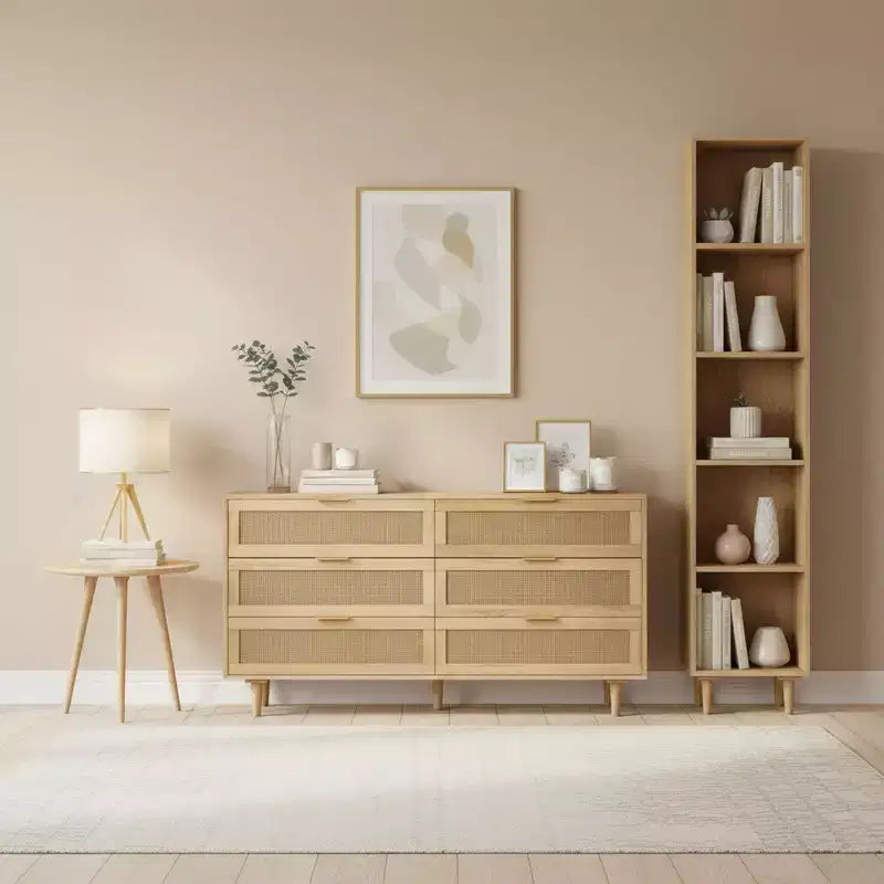 Homy Casa Cassettiera a 6 cassetti in rattan con struttura in legno e maniglie in ottone, rovere naturale