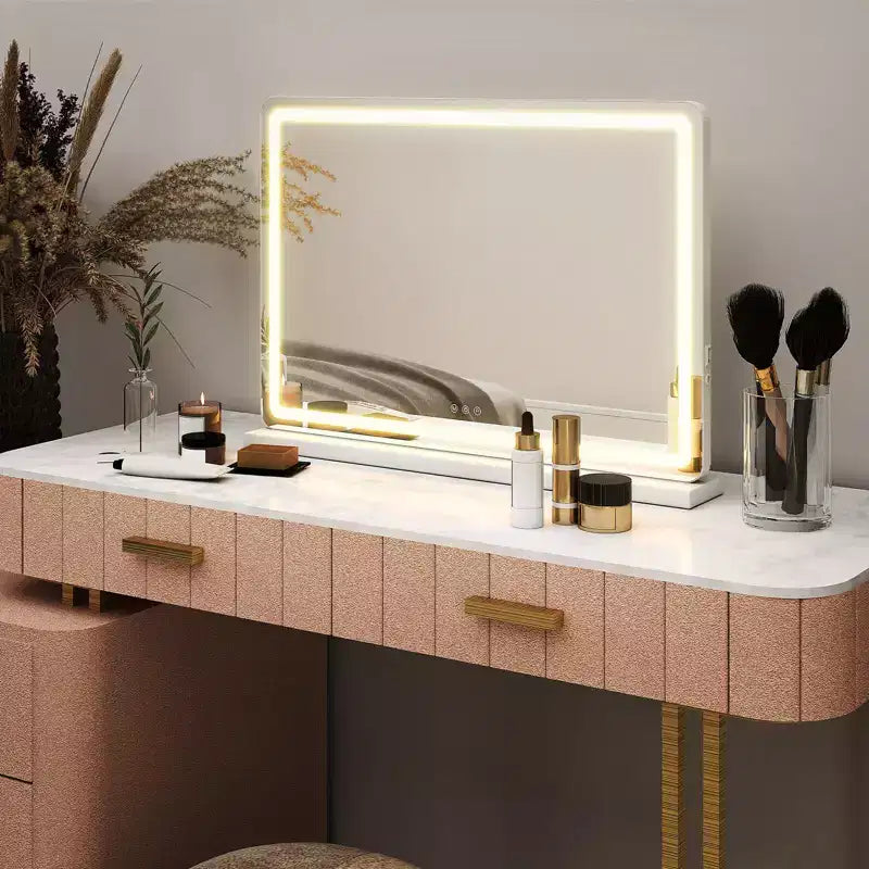 Okak Freestanding Vanity Mirror with Dimmable 3 Color Modes, LED Makeup Bathroom Vanity Mirror with Touch Screen Control, White
