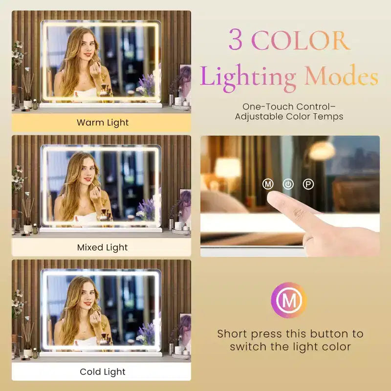 Okak Specchio da Trucco da Tavolo con 3 Modalità di Colore Dimmerabili, Specchio da Bagno con Luce LED e Controllo Touch Screen, Bianco