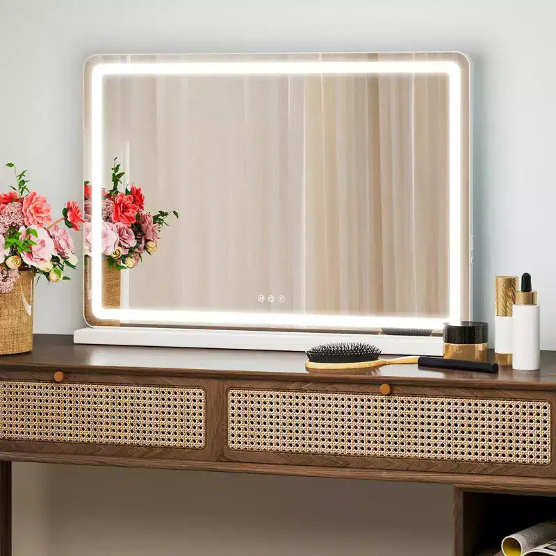 Okak Specchio da Trucco da Tavolo con 3 Modalità di Colore Dimmerabili, Specchio da Bagno con Luce LED e Controllo Touch Screen, Bianco