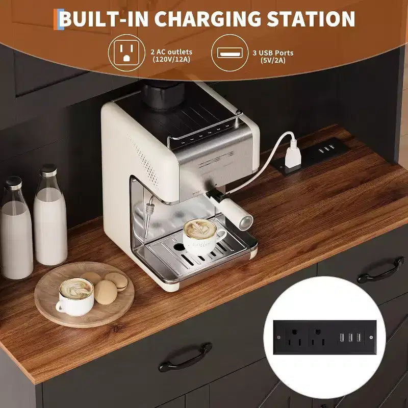 71 Dispensa con Stazione di Ricarica, Mobile Dispensa da Cucina con Cassetti e Piano di Lavoro, Mobile Dispensa da Cucina Stile Rustico