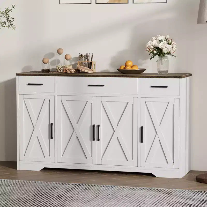 Credenza a 4 ante, mobile contenitore moderno in stile fattoria, credenza grande e moderna in legno in stile fattoria