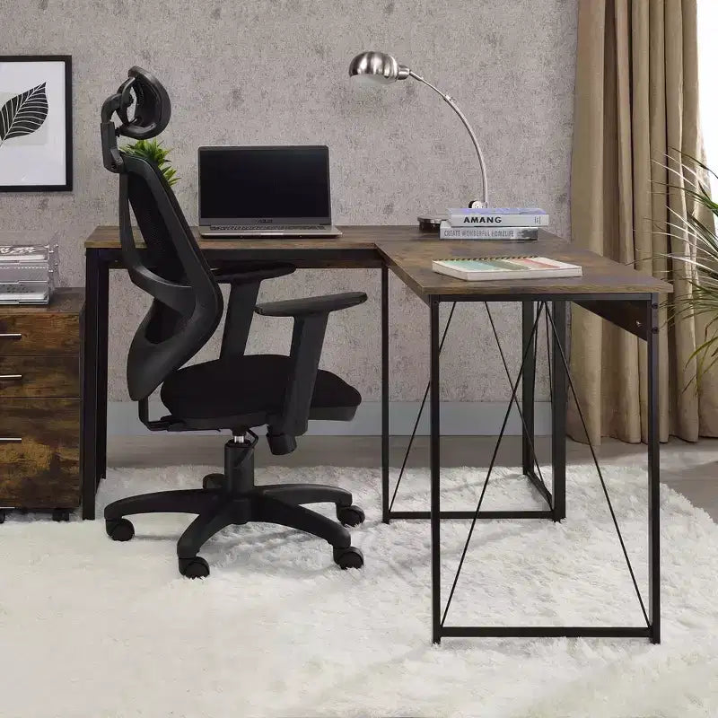 Scrivania a L HomeStock in legno composito colore grigio, altezza 29,25 pollici, con cassetto classificatore