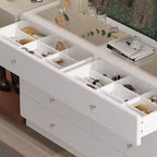 Cassettiera Famapy a 8 cassetti, piano in vetro temperato, 2 cassetti espositivi con 9 scomparti, Led a 3 colori, pomelli in cristallo, mobiletto portaoggetti per camera da letto/cabina armadio
