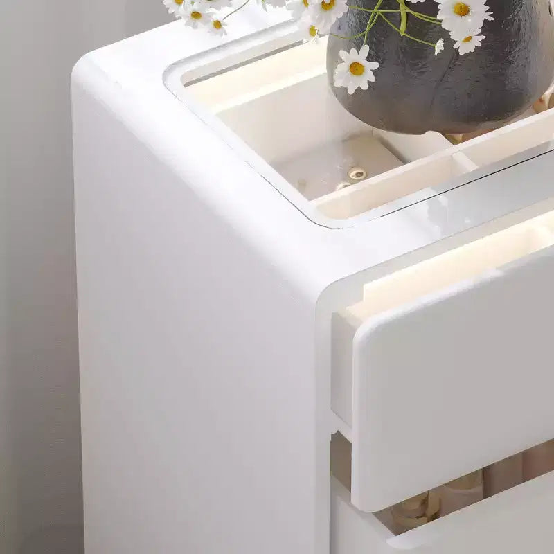 Cassettiera Famapy a 8 cassetti, piano in vetro temperato, 2 cassetti espositivi con 9 scomparti, Led a 3 colori, pomelli in cristallo, mobiletto portaoggetti per camera da letto/cabina armadio