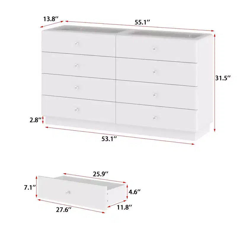 Cassettiera Famapy a 8 cassetti, piano in vetro temperato, 2 cassetti espositivi con 9 scomparti, Led a 3 colori, pomelli in cristallo, mobiletto portaoggetti per camera da letto/cabina armadio