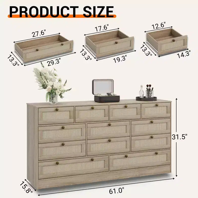 GustoWave Cassettiera in Legno Massello con 12 Cassetti in Rattan, Comò da Fattoria a 61 cassetti per Camera da Letto, Anti-ribaltamento Pesante